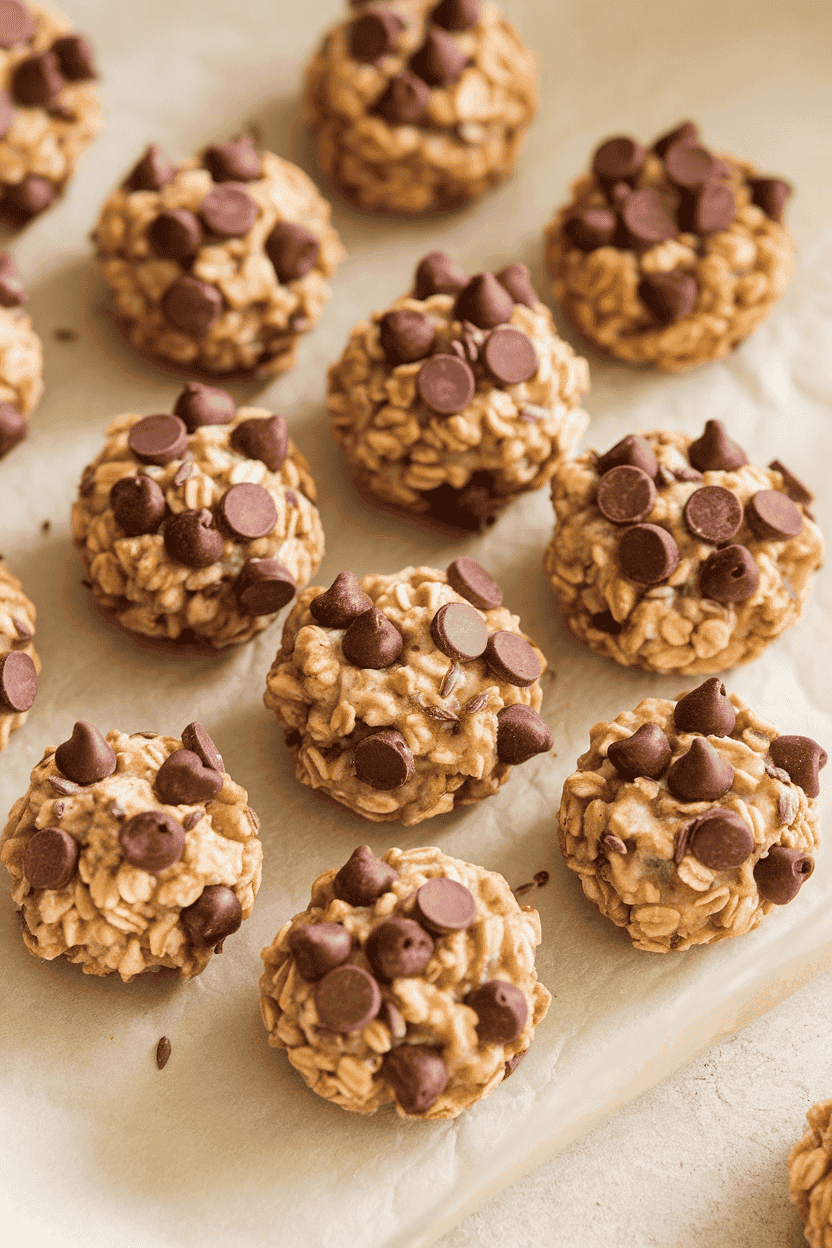A softly lit indoor surface displaying round, no-bake oatmeal bites studded with mini chocolate chips and flax seeds, arranged on parchment paper. No text or logos. Photo, not illustration.