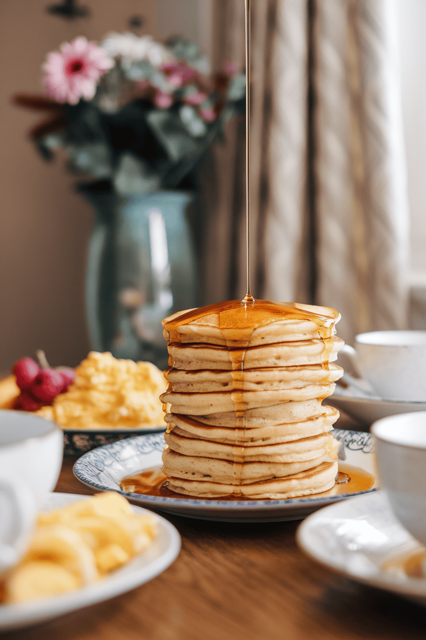 An indoor family table showcasing a tall stack of fluffy pancakes drizzled with syrup beside a platter of scrambled eggs and fruit, no text or logos.