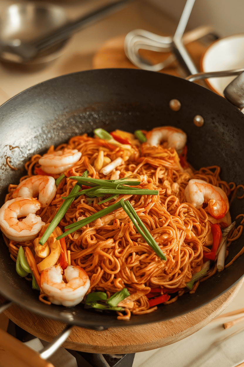 An indoor wok brimming with cooked noodles, pink shrimp, and mixed vegetables in a glossy honey-garlic sauce. No text or logos in view.