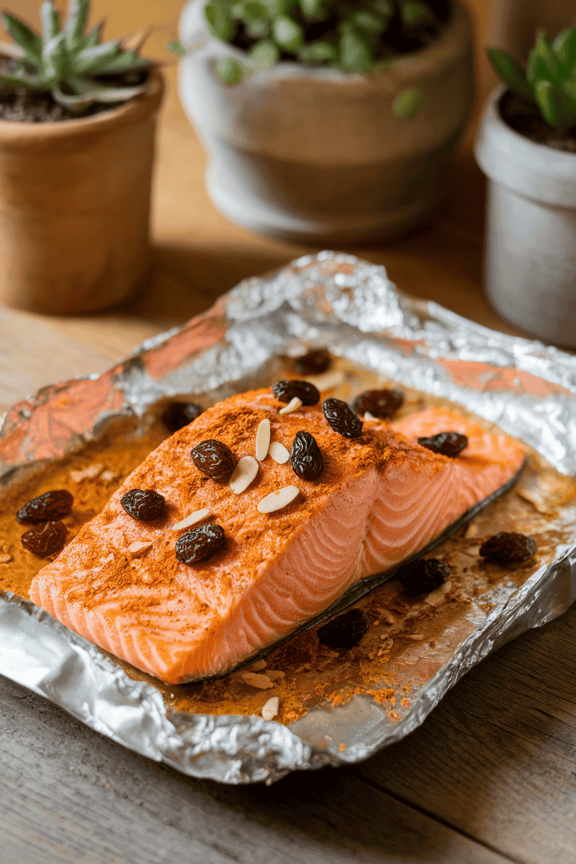 Warm indoor photo showing cooked salmon dusted with earthy Moroccan spices on foil, garnished with raisins and almond slivers. No text or logos.