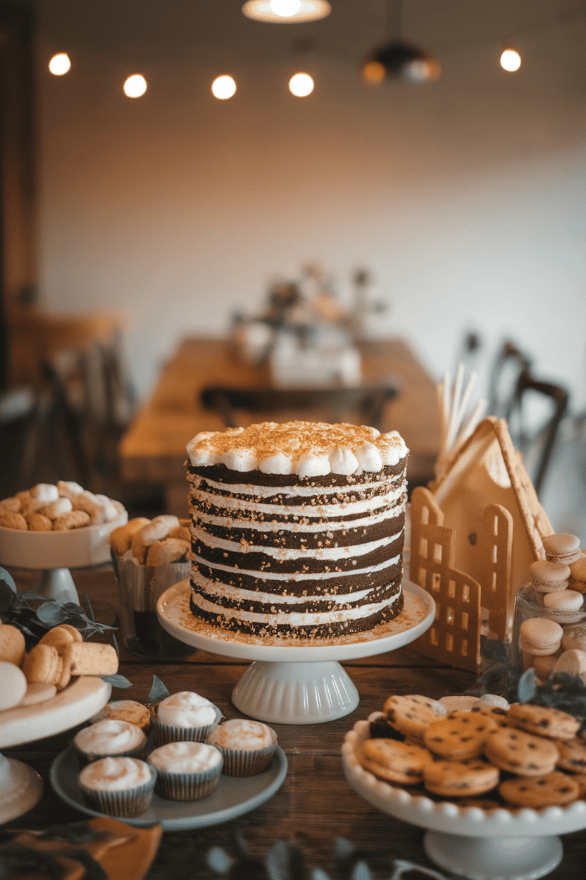 An indoor dessert table with a tall chocolate layer cake covered in toasted marshmallow frosting and sprinkled graham-cracker crumbs, gently lit by warm overhead lights. No text or logos in view; photo, not illustration.