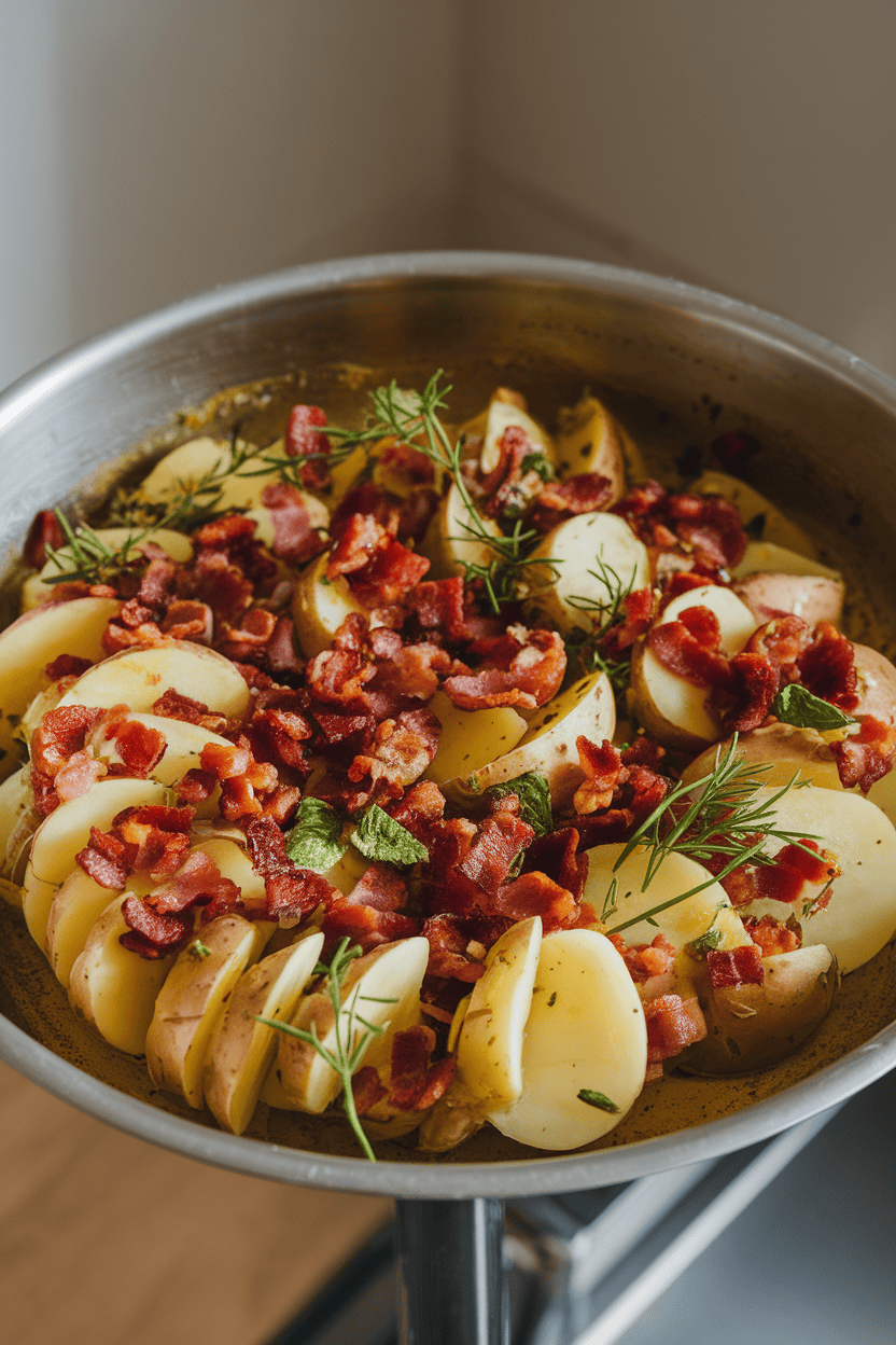 Indoor serving dish with sliced boiled potatoes, bacon bits, and fresh herbs coated in warm mustard vinaigrette. Photo only, no text or logos.