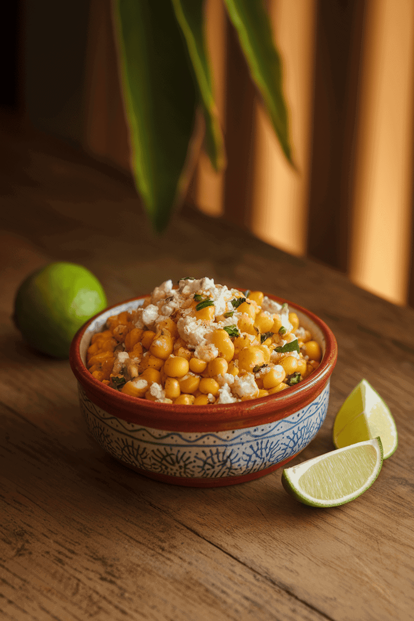 A cozy indoor table showing a ceramic bowl of fire-roasted corn kernels mixed with cotija cheese, lime wedges nearby. No text or logos.