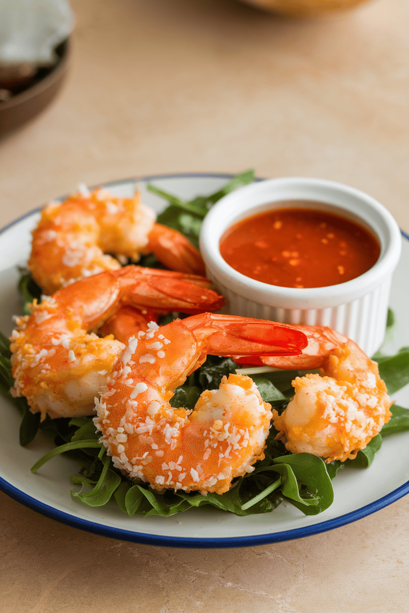Photo prompt: Indoor plate of golden coconut-crusted cooked shrimp with a small ramekin of red sweet chili sauce; no text, no logos.