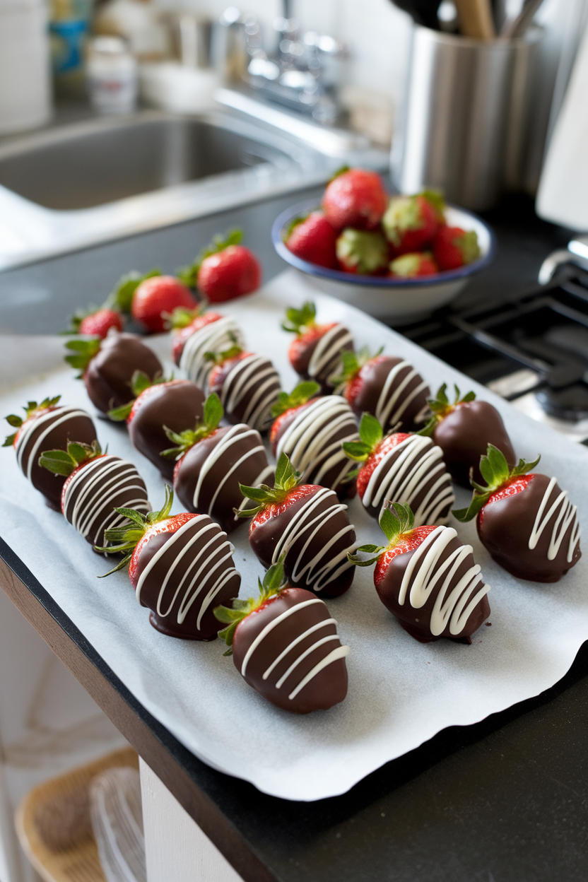 An indoor kitchen island displaying a parchment tray of glossy chocolate-covered strawberries, some drizzled with white chocolate. Photo, no text or logos.