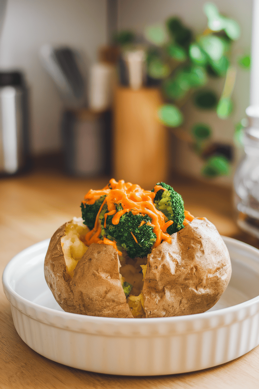 Photo, indoor kitchen counter, a fluffy baked potato split open and topped with steamed broccoli florets and melted cheddar cheese; no text or logos present.