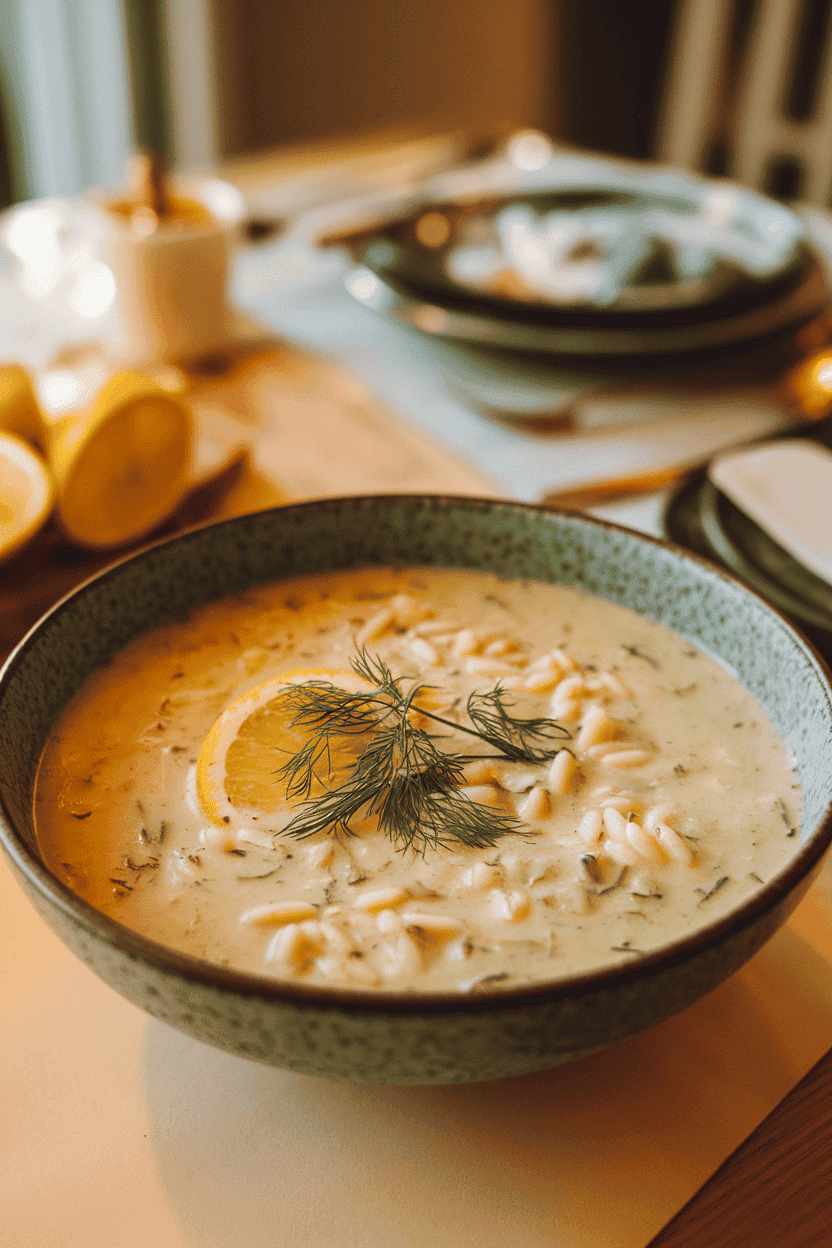 Indoor dining table with a bowl of creamy lemon-chicken soup, orzo visible, garnished with fresh dill. No text or logos present.