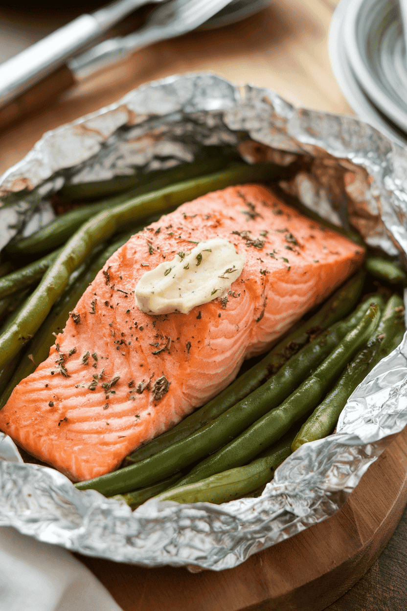 Warm indoor photo of a foil packet containing cooked salmon dotted with herb butter and crisp-tender green beans. No text or logos.
