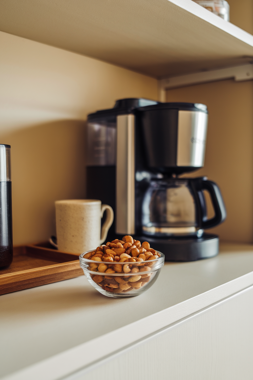 Photo — an indoor coffee-station shelf with a small bowl of roasted mixed nuts coated lightly with maple and cinnamon. Balanced lighting; no text or logos present.