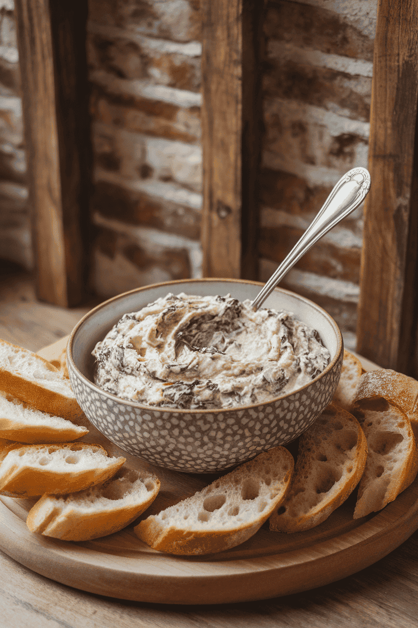 An indoor crock of creamy spinach-artichoke dip with a serving spoon, toasted baguette slices arranged nearby; no text or logos. Photo, not illustration.