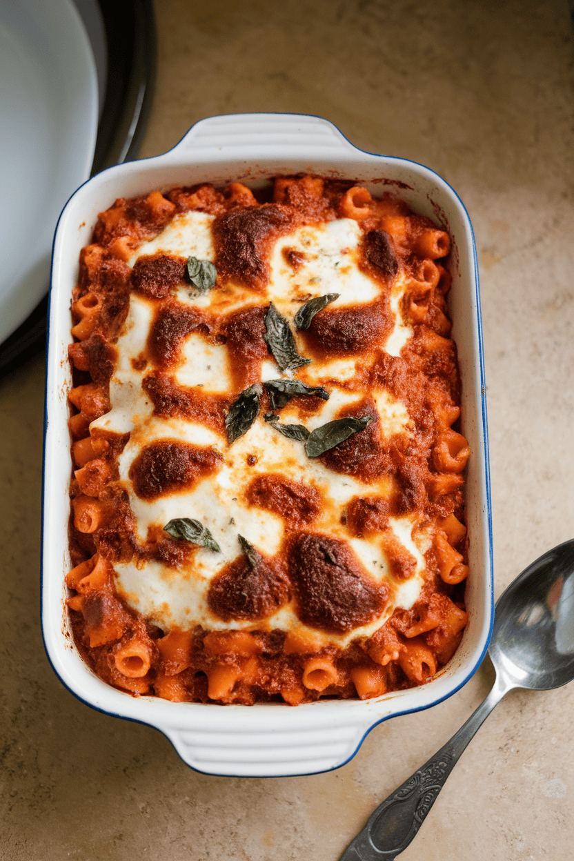 A bubbling casserole dish of baked ziti on an indoor countertop, browned mozzarella on top with flecks of basil, a serving spoon resting nearby. No logos on dishware.