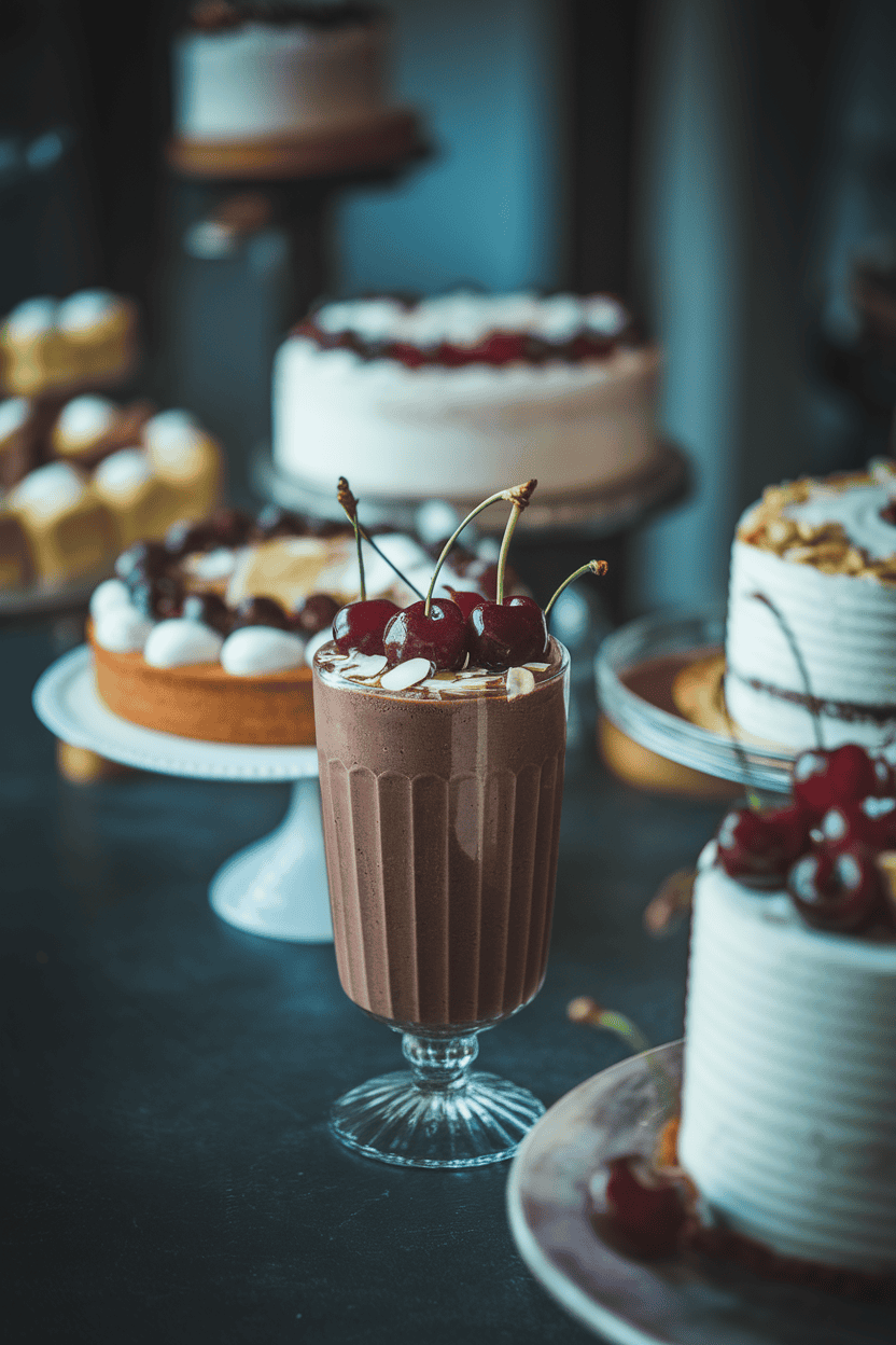 Indoor dessert counter with a deep chocolate-cherry smoothie in a parfait glass, slivered almonds sprinkled; moody evening light; photograph, not illustration; no text or logos.
