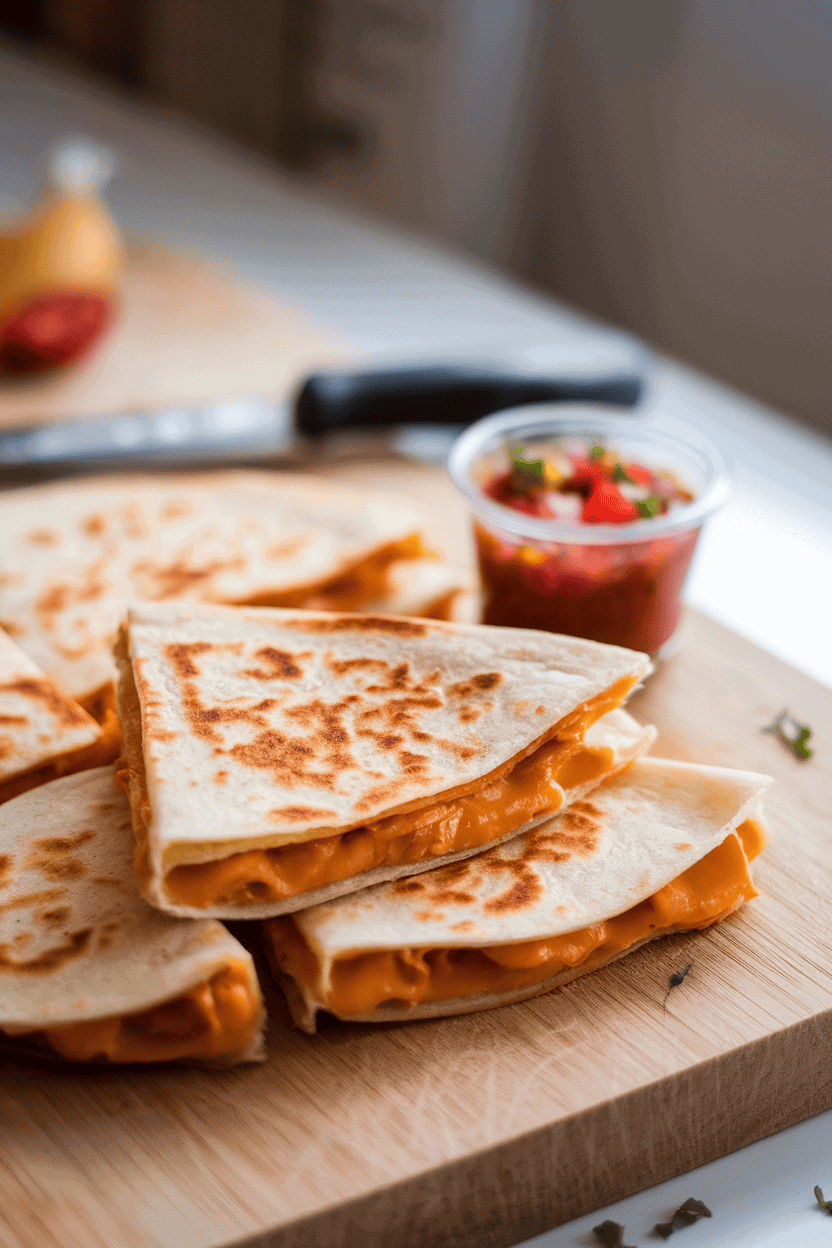 Indoor cutting board with quartered cheese quesadillas, edges golden and cheese visible, served with a small cup of salsa. Soft lighting, no text or logos, photo only.