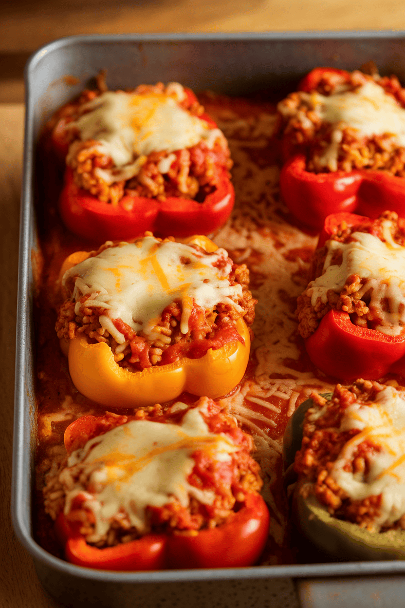 Indoor photo of a casserole pan containing colorful bell peppers stuffed with rice, ground turkey, and tomato sauce, cheese lightly browned on top; no text or logos.