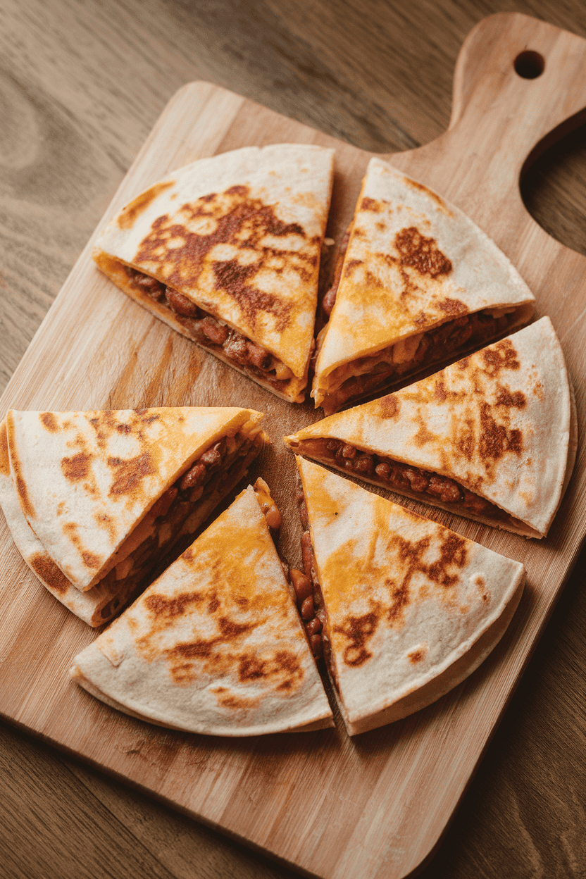 Photo prompt: Indoor cutting board with triangular wedges of cooked quesadillas showing melted cheese and beans inside; no text or logos.