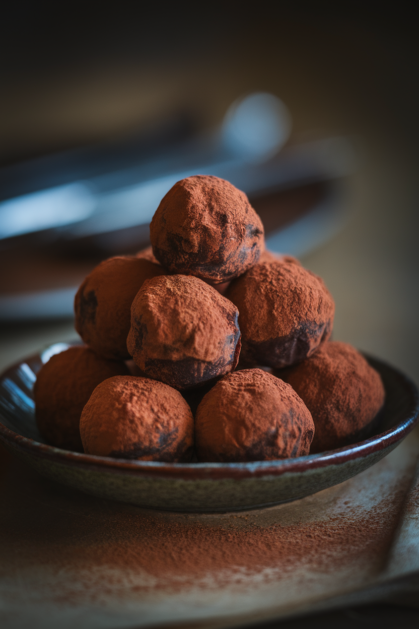 Indoor photo of cocoa-dusted chocolate hazelnut truffles arranged in a pyramid on a ceramic plate; moody side lighting; no text or logos. Photo, not illustration.