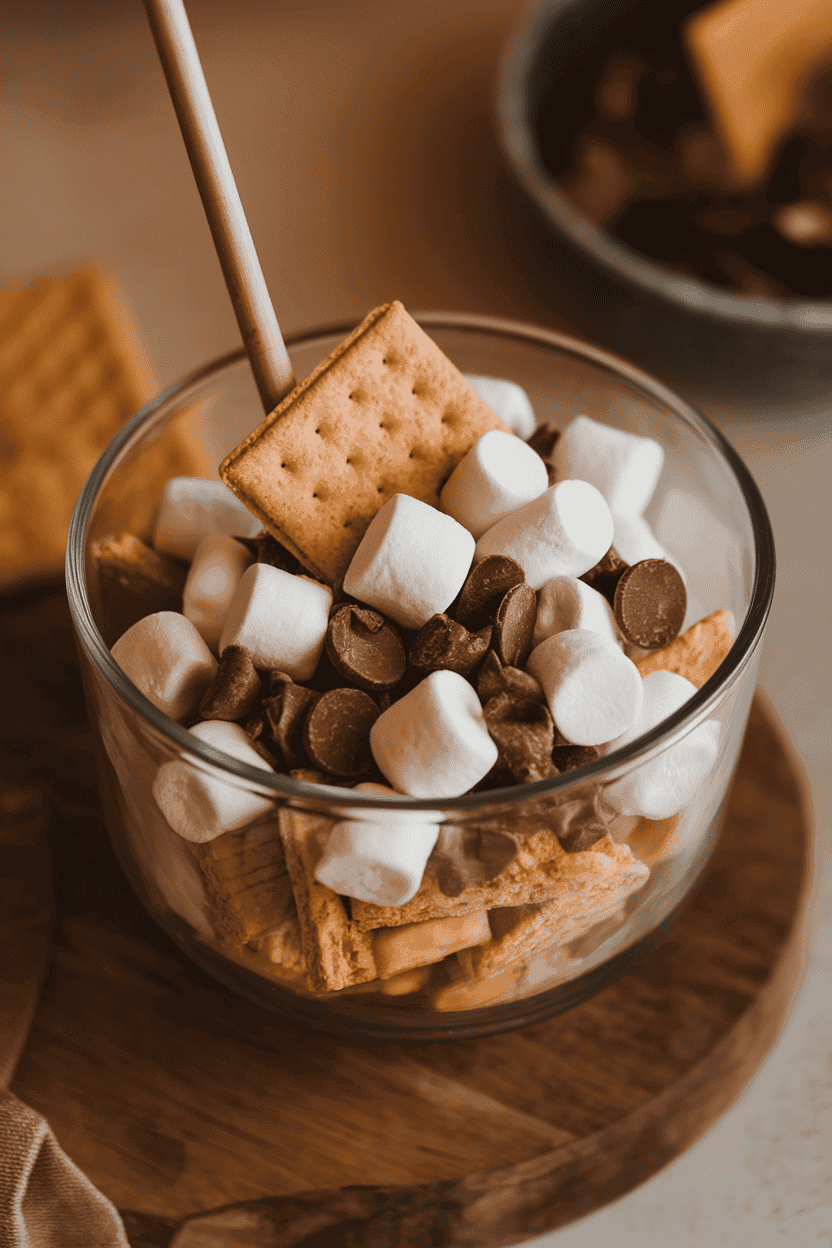 An indoor glass bowl filled with mini graham crackers, tiny marshmallows, and milk-chocolate chips mingling together. Warm overhead lighting; no text or logos; photo, not illustration.