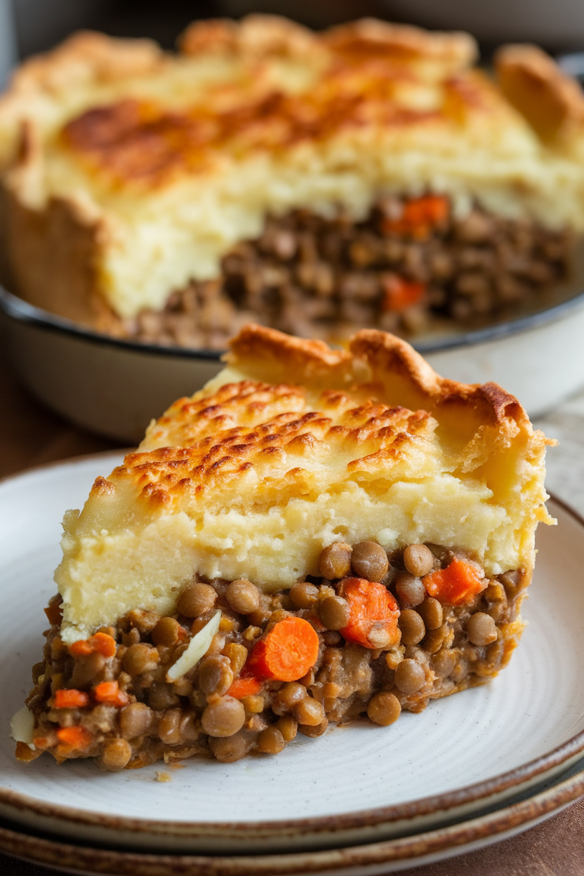 Indoor photo of a slice of lentil shepherd’s pie showing layers of mashed potato topping and savory lentil filling beneath. No text or logos visible.