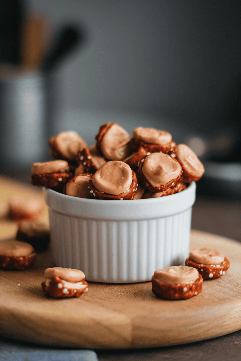An indoor ceramic ramekin overflowing with small pretzel nuggets showing peanut-butter centers, no text or logos, photo.