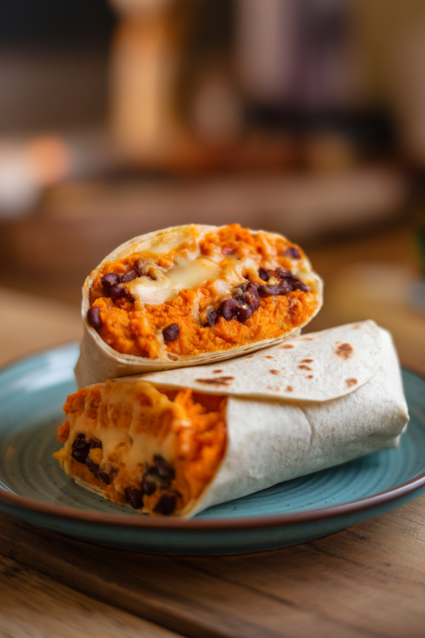 An indoor photo of a sliced open burrito on a plate, showing mashed sweet potato, black beans, and melted cheese, with no text or logos.