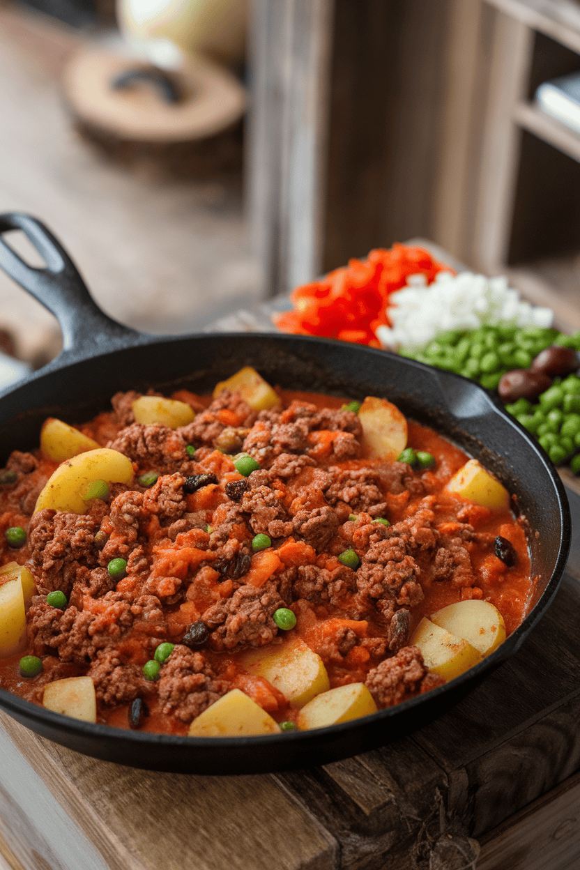 An indoor skillet containing ground beef picadillo with potatoes, peas, and raisins in tomato sauce; photo, no text or logos.