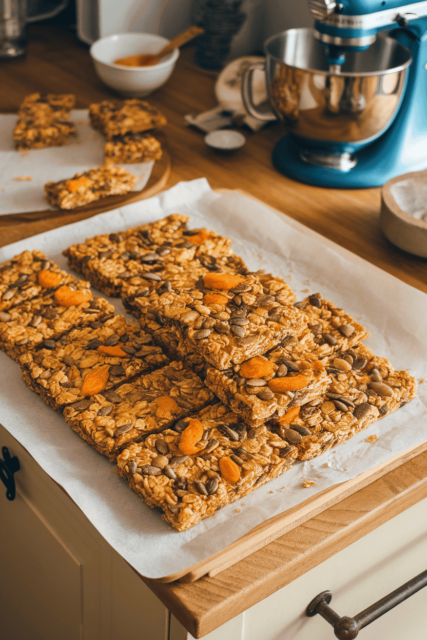 An indoor kitchen island with parchment-lined slabs of golden oat granola bars studded with pumpkin seeds and dried apricots, some bars cut and stacked neatly. Warm overhead lighting; no text or logos; photo, not illustration.