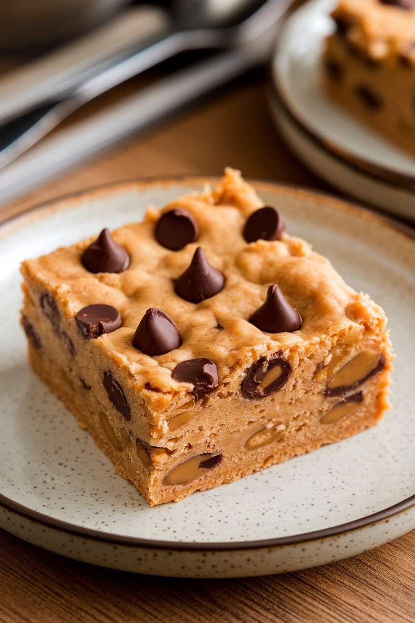 A square of gooey almond butter blondie on an indoor dessert plate, chocolate chips studded throughout. Photo, no text or logos in scene.