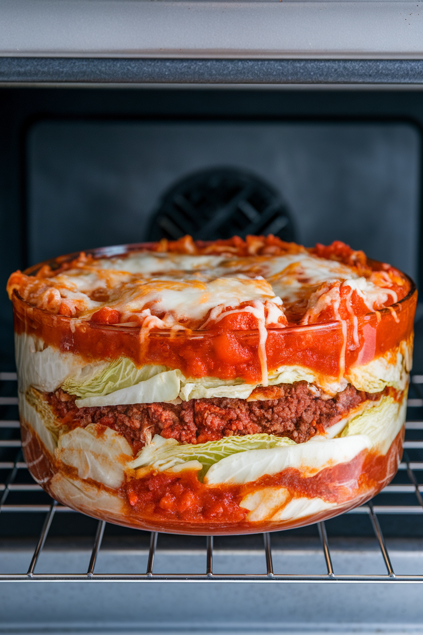 An indoor oven-side shot of a baking dish filled with layered cabbage, ground meat, and tomato sauce, cheese melted on top. No logos or text visible.