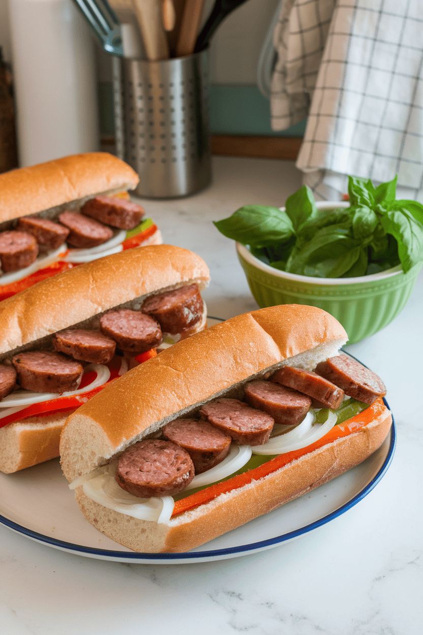 An indoor kitchen counter showing hoagie rolls stuffed with sautéed sausage slices, onions, and bell peppers, no visible text or logos.