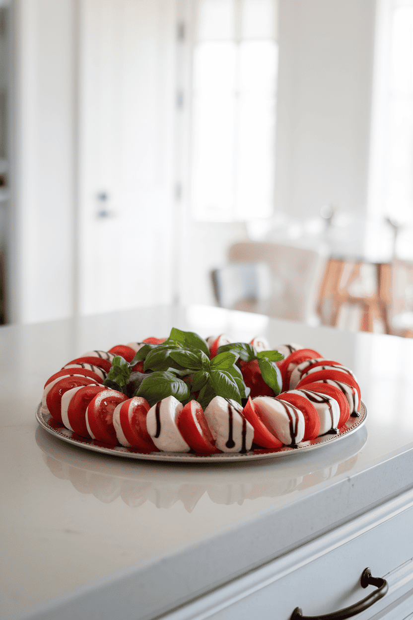 A brightly lit indoor countertop featuring alternating slices of ripe tomatoes and fresh mozzarella arranged on a platter, topped with basil leaves and a drizzle of balsamic glaze. Photo only, no text or logos.