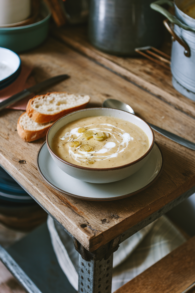 A rustic indoor kitchen table with a bowl of creamy potato leek soup, a swirl of cream on top, and a slice of bread alongside. No text or logos are present.