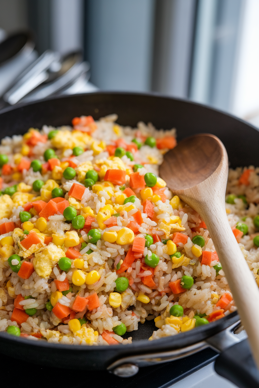 Indoor photo of a skillet filled with colorful fried rice—diced carrots, peas, corn, and scrambled egg stirred throughout the grains. A wooden spoon rests on the pan; no text or logos appear.
