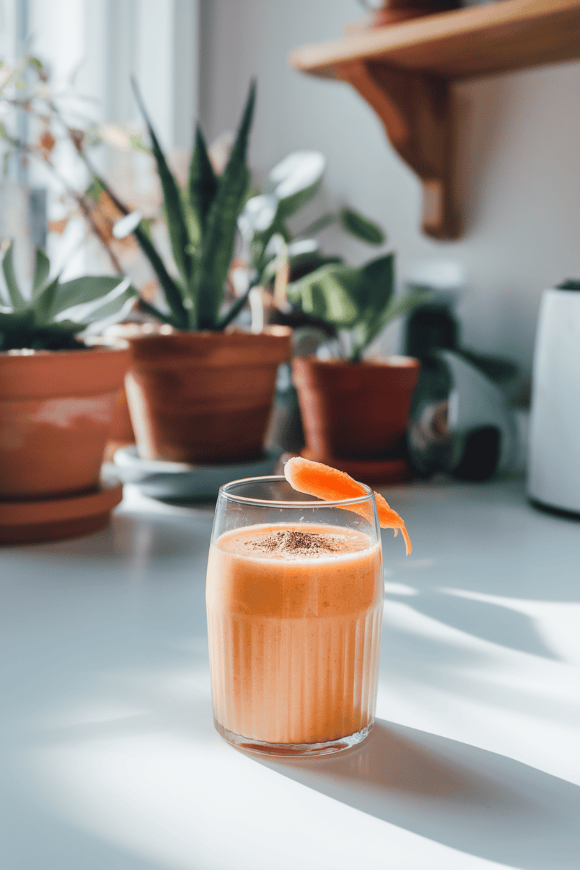 Indoor breakfast bar with an orange smoothie in a clear glass, tiny grated carrot and sprinkle of nutmeg on top; soft morning light; photograph, not illustration; no text or logos.