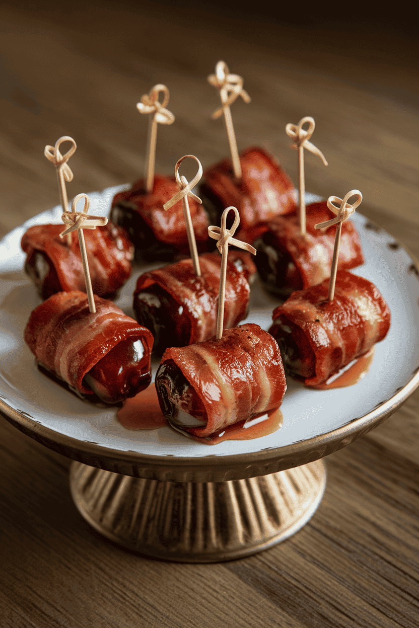 An indoor serving plate holding glossy bacon-wrapped dates secured with toothpicks, a light glaze of maple syrup visible; no text or logos. Photo, not illustration.