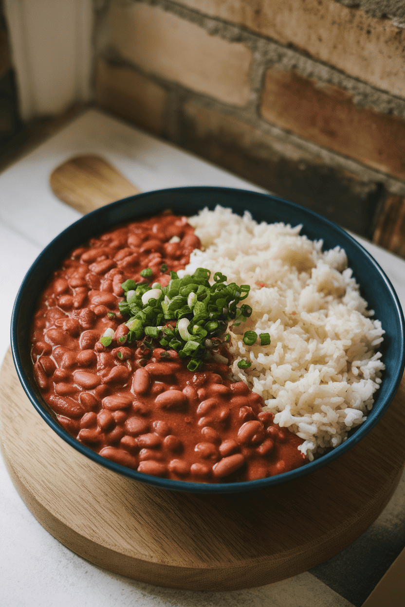 Indoor photo of a wide bowl filled with creamy red beans alongside fluffy white rice, a sprinkle of chopped green onion on top; no text or logos.