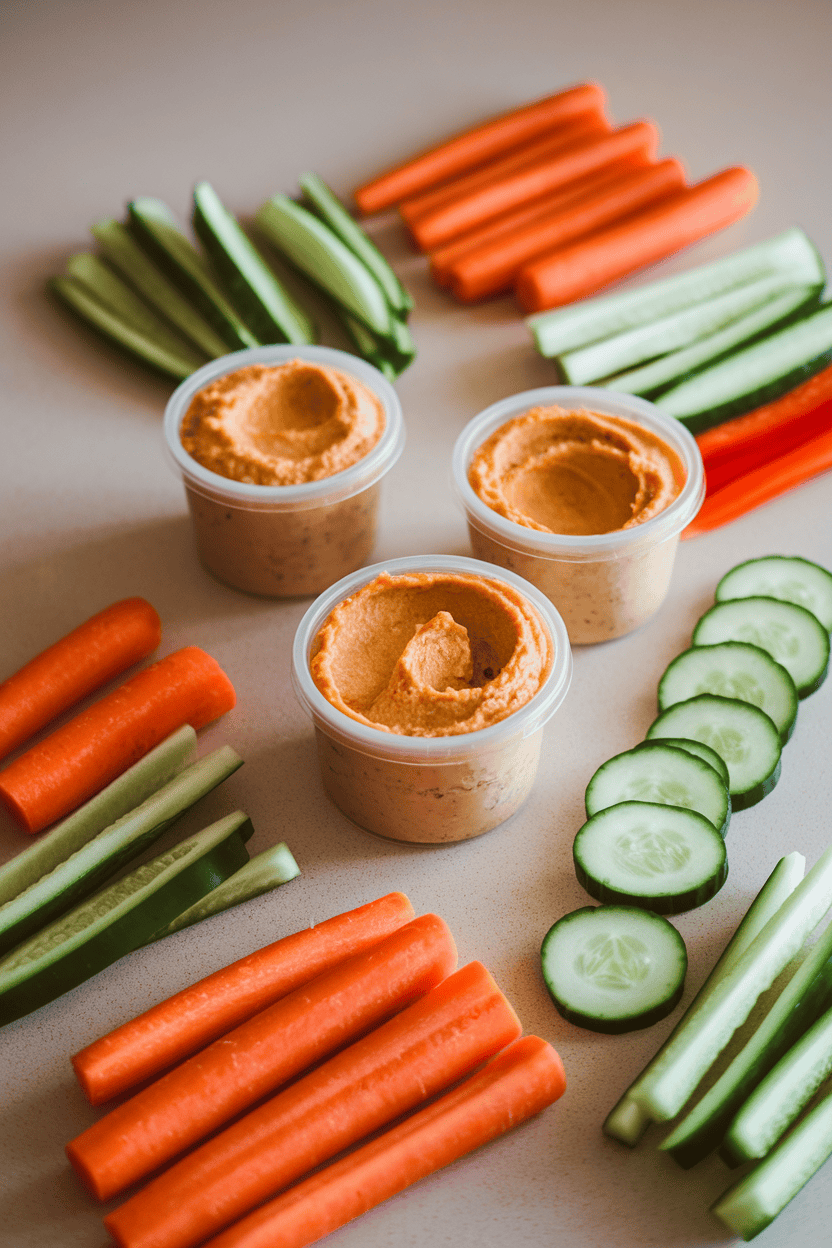 An indoor countertop scene featuring small lidded containers of hummus surrounded by carrot sticks, cucumber rounds, and bell pepper strips. Clean background, no text or logos.