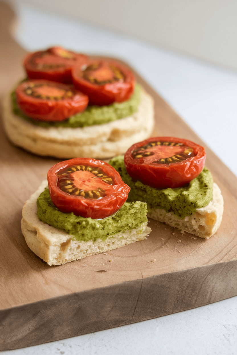 Indoor image of an egg-free herb biscuit split and spread with green pesto, roasted tomato halves peeking out. Soft light, no visible branding.