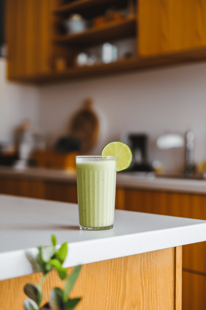 Indoor kitchen island featuring a pale green kiwi smoothie in a clear glass, thin lime wheel on rim; bright midday light; photograph, not illustration; no text or logos.