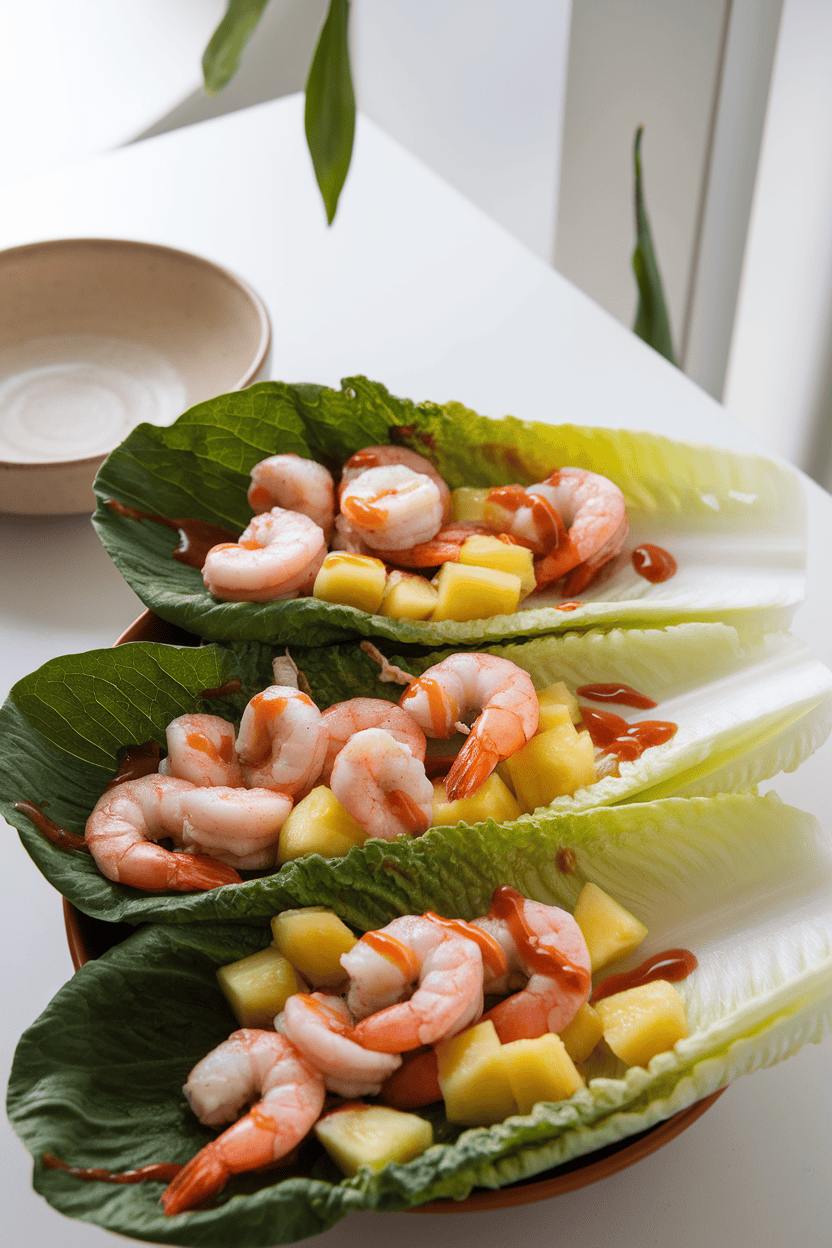 A brightly lit indoor tabletop view of crisp romaine leaves filled with sautéed shrimp, diced cooked pineapple, and a drizzle of chili sauce. Photo only; no text or logos.