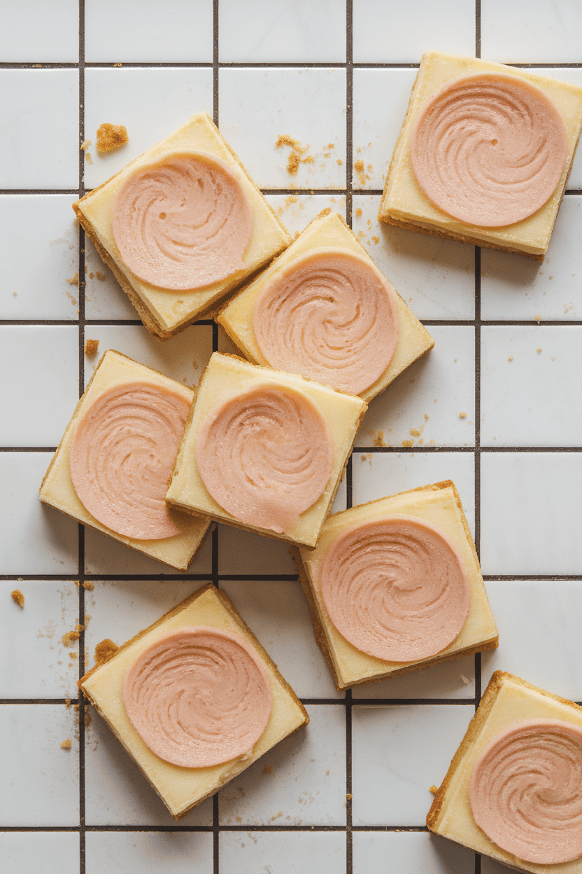 Indoor photo of square cheesecake-inspired cookies with a pale pink guava swirl on top, set on a white tile surface, overhead lighting, no text or logos