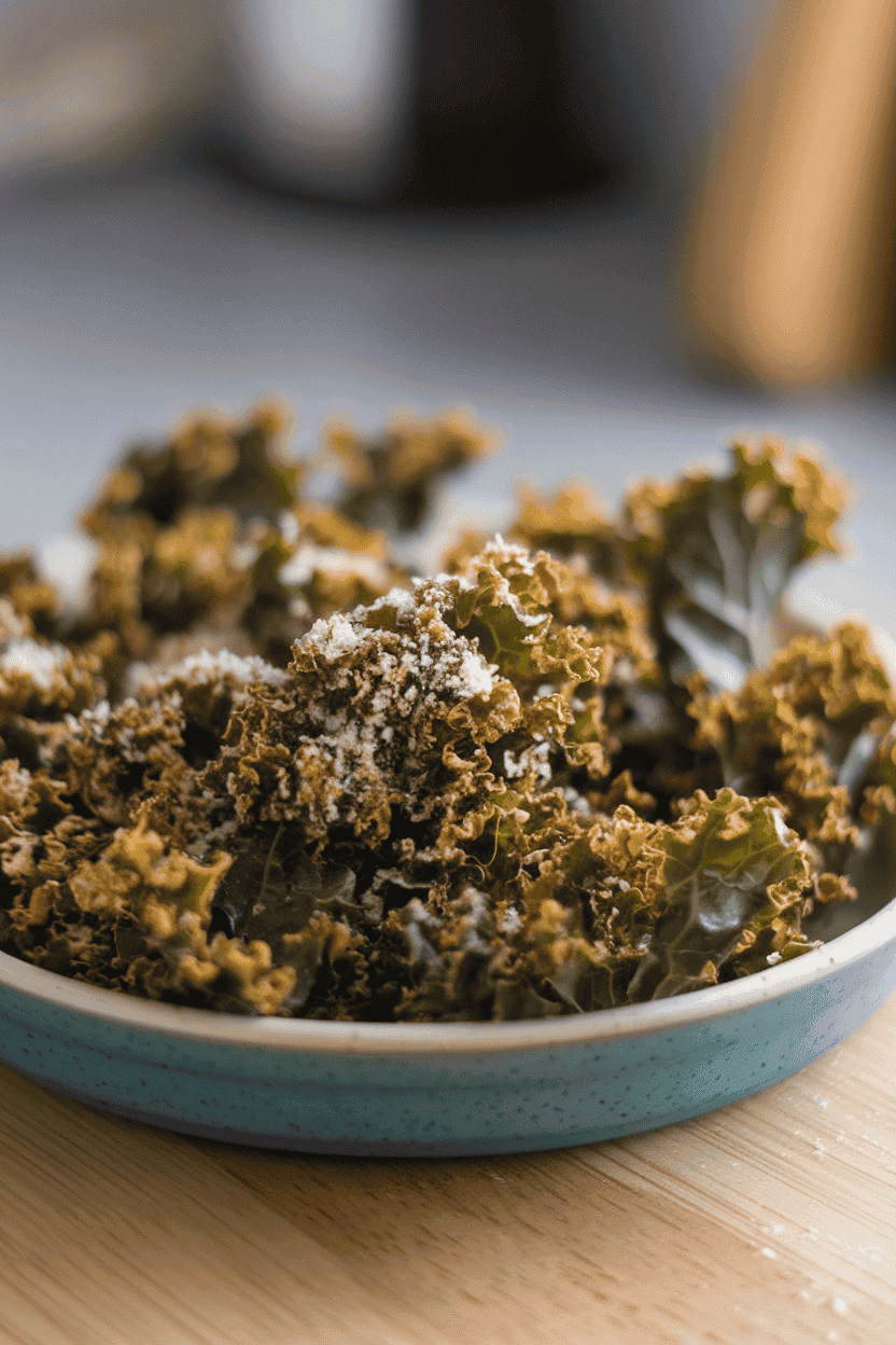 A shallow indoor dish of crisp, curly kale chips dusted with grated Parmesan, edges slightly browned. Soft even lighting; no text or logos; photo, not illustration.