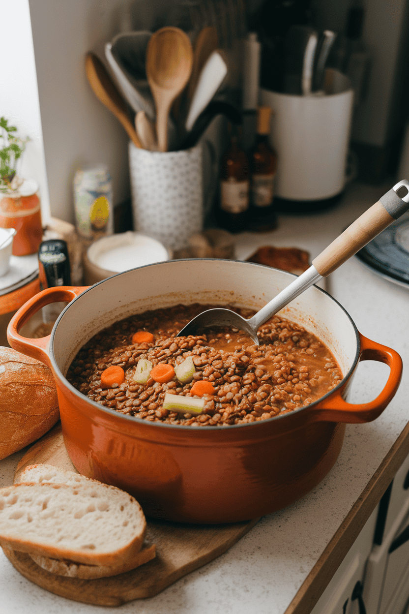A cozy indoor countertop scene with a ladle resting in a pot of hearty lentil soup dotted with carrots and celery, accompanied by a slice of crusty bread. No text or logos.