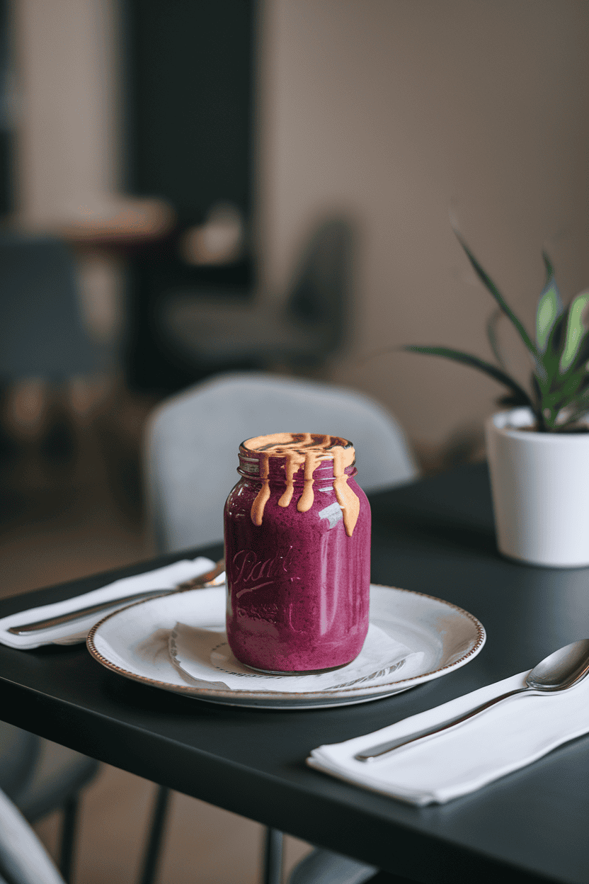 Indoor dining table with a magenta smoothie in a clear jar, peanut butter drizzle swirling on top; neutral ambient light; photograph, not illustration; no text or logos.
