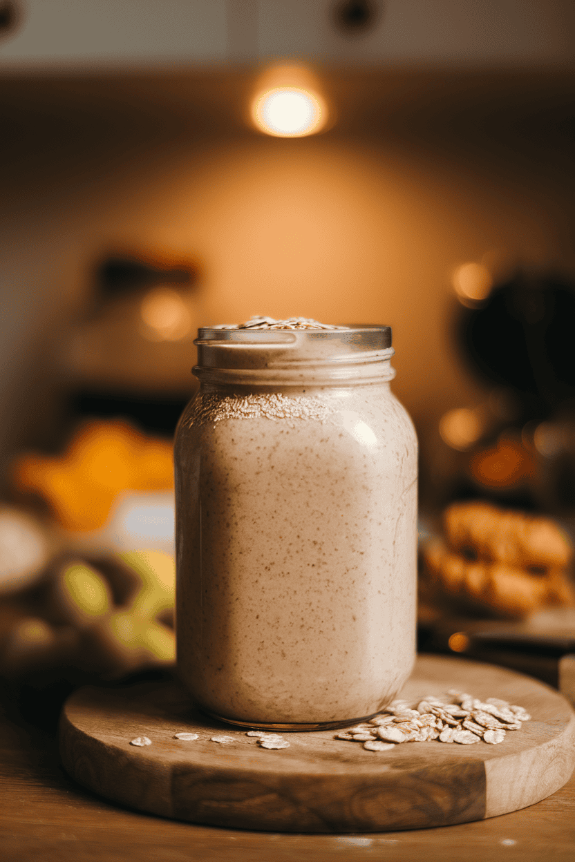 Indoor snack station with a beige smoothie speckled with oats in a clear jar, small oat sprinkle on top; warm under-cabinet lighting; photograph, not illustration; no text or logos.