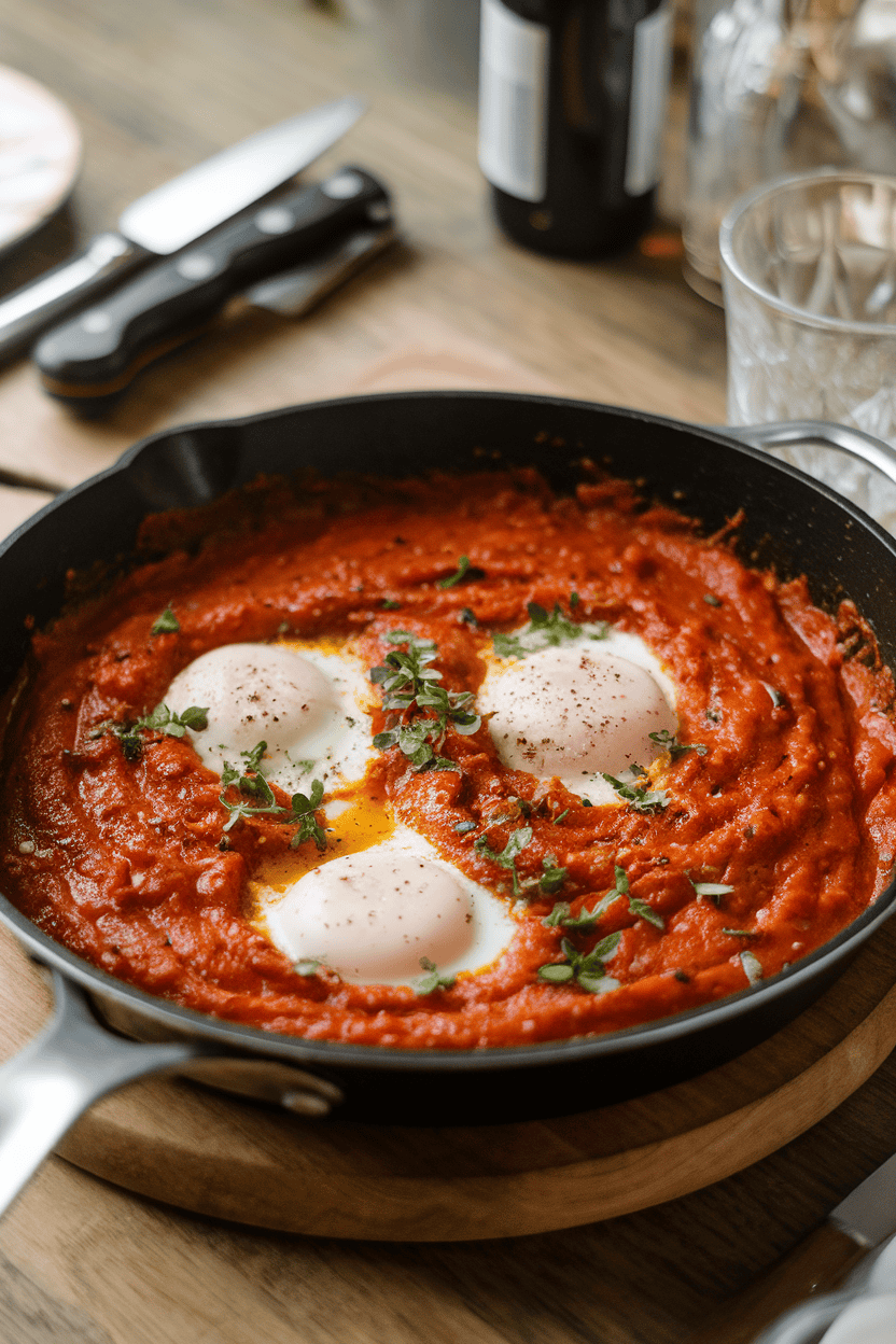 Photo, indoor skillet on dining table, poached eggs nestled in a spiced tomato-pepper sauce, sprinkled with herbs; no text or logos anywhere.