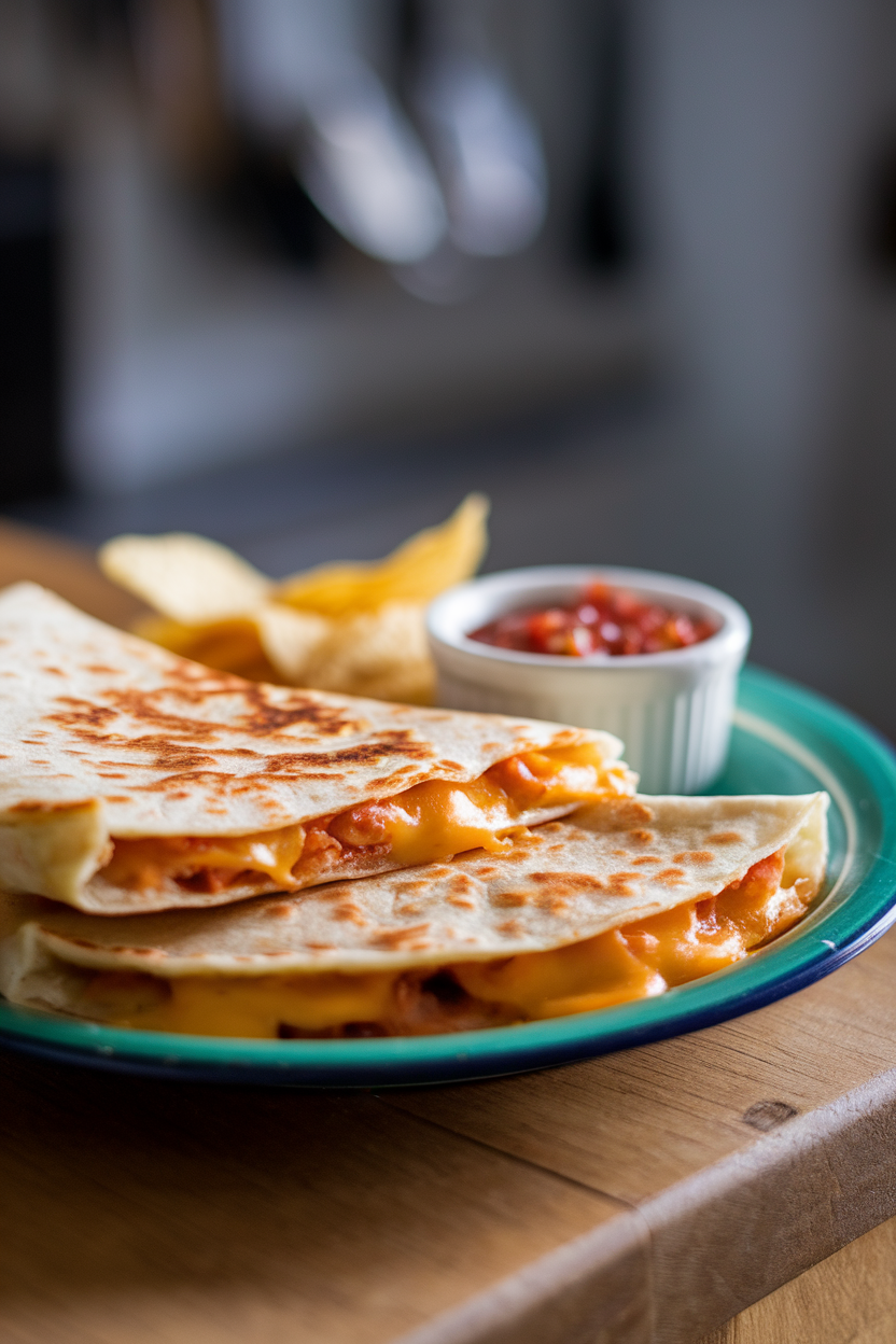 Indoor photo of a sliced cheese quesadilla with melted filling oozing onto a plate, garnished with a small ramekin of salsa. No logos or text present.