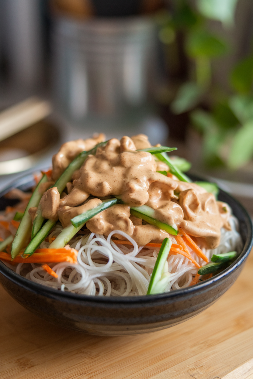 Indoor photo of a bowl of cold rice noodles tossed with julienned veggies and a creamy peanut dressing. No text or logos visible.