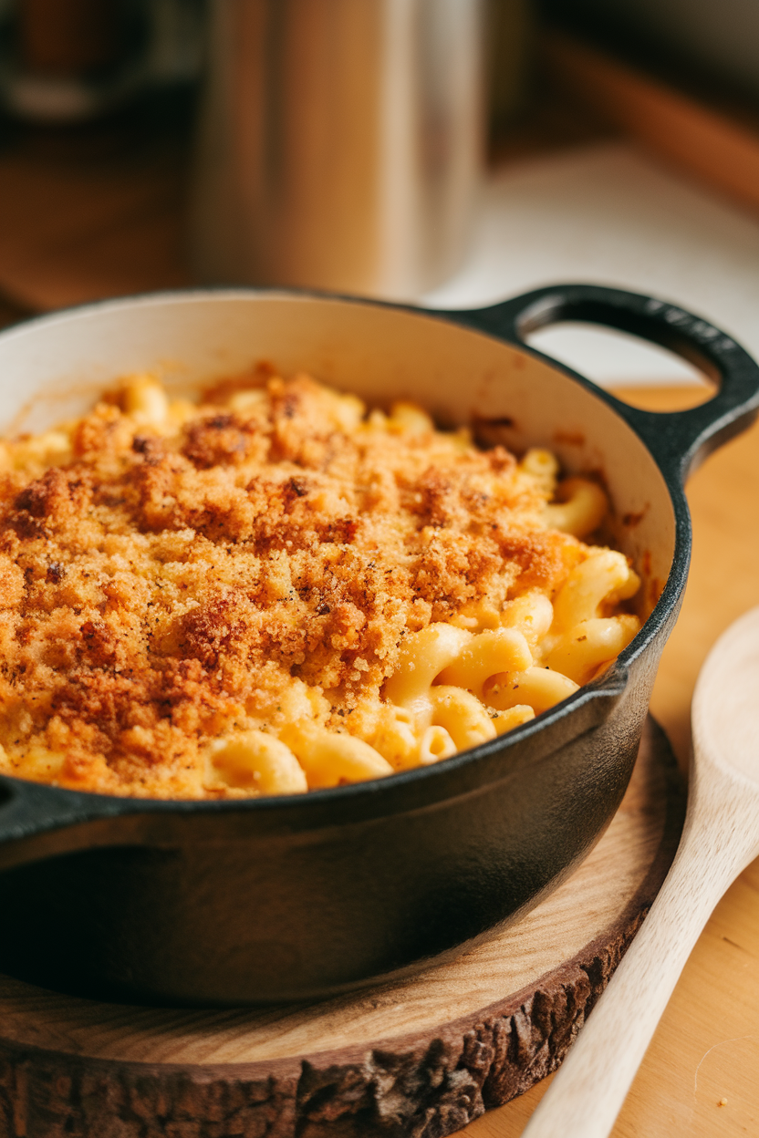 Indoor photo of creamy mac and cheese with a browned breadcrumb crust in a cast-iron pot. No text or branding.