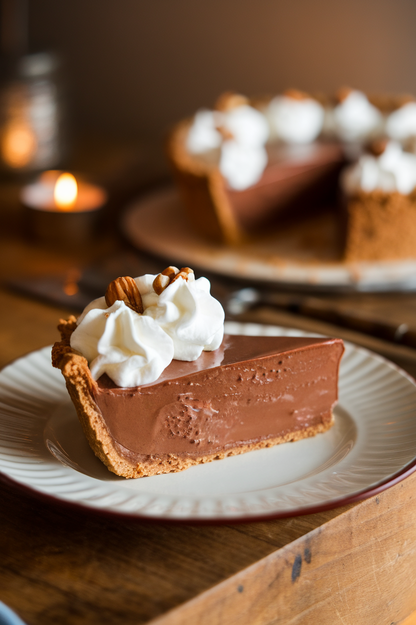 A slice of satiny chocolate silk pie with a cocoa nut crust on a white plate, indoor photo. No text or logos.