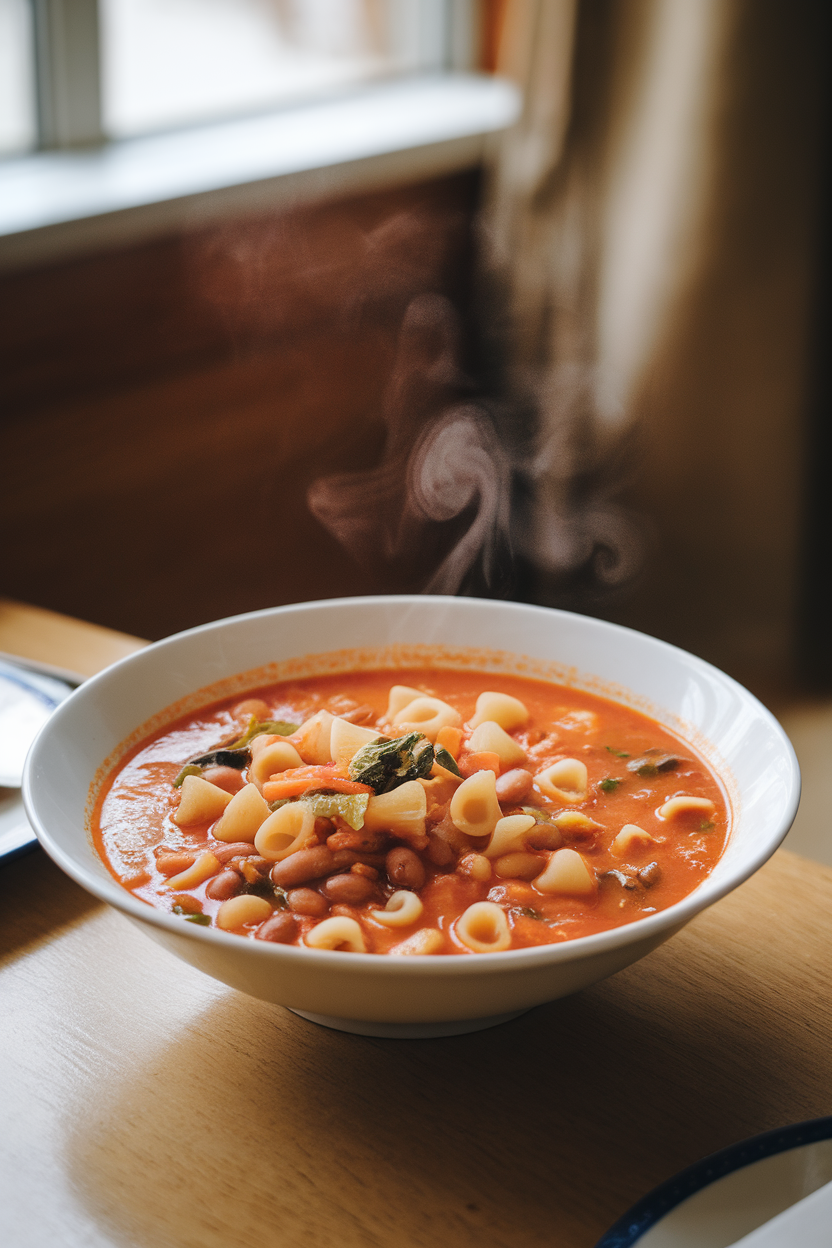 An indoor dining table with a bowl of pasta e fagioli soup—tiny pasta shapes, beans, and vegetables in tomato broth—steam visible. No logos or text present.